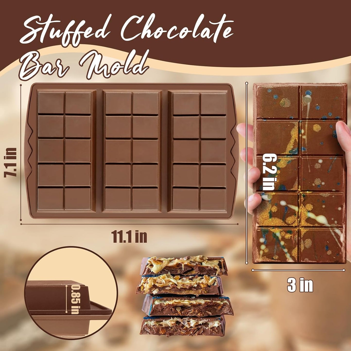 Molde silicona barras chocolate 2 pzas 0.85pulg sin BPA