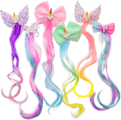 6 Extensiones cabello unicornio rizado con clip para niñas