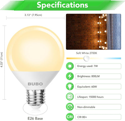 Bombilla LED G25 blanco suave 2700K 800lm E26 7W