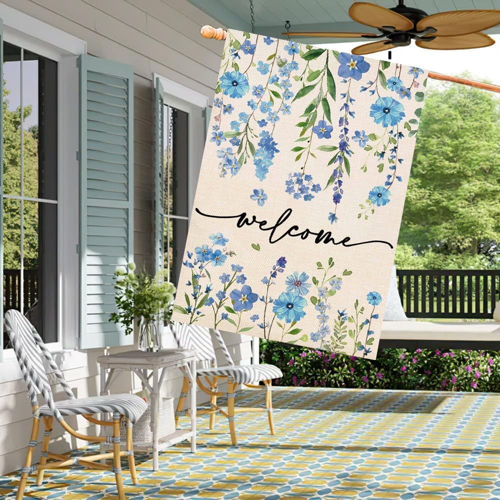 Bandera jardín floral azul doble cara 28x40"