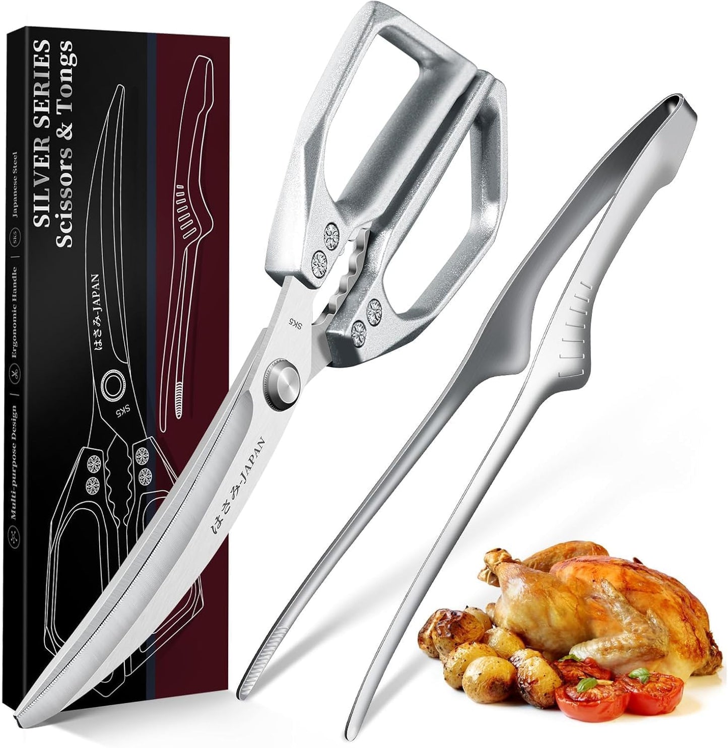 Juego tijeras y pinzas acero inox plateadas cocina