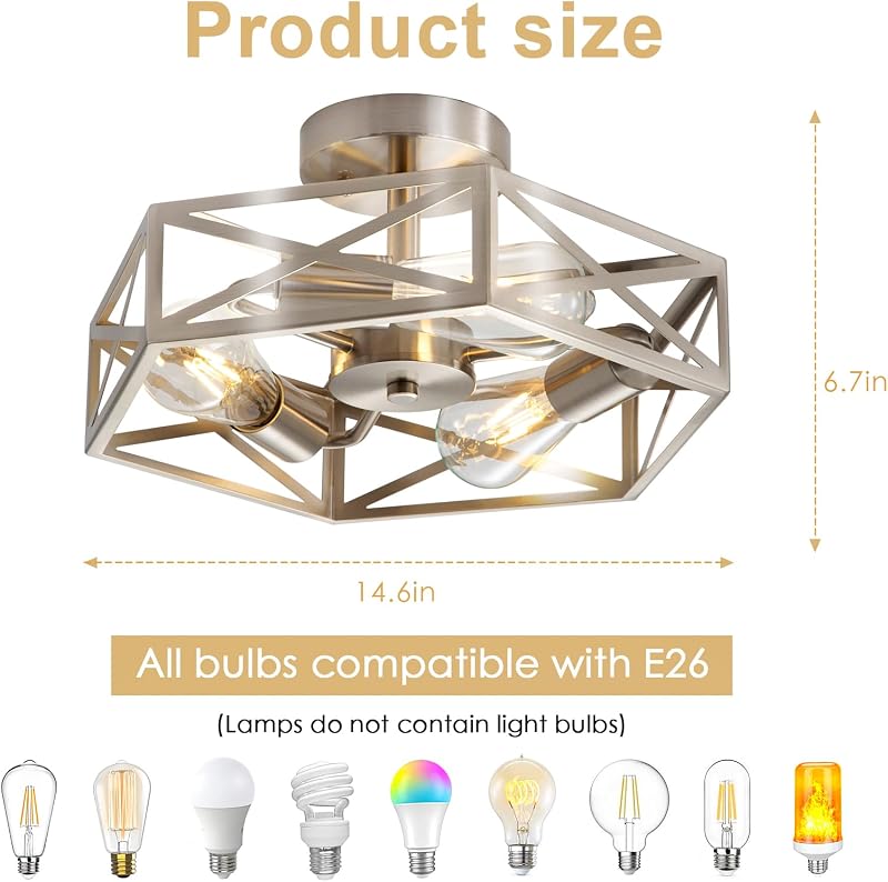 2 Lámparas Techo 3 Luces Jaula Níquel Cepillado 14.5"