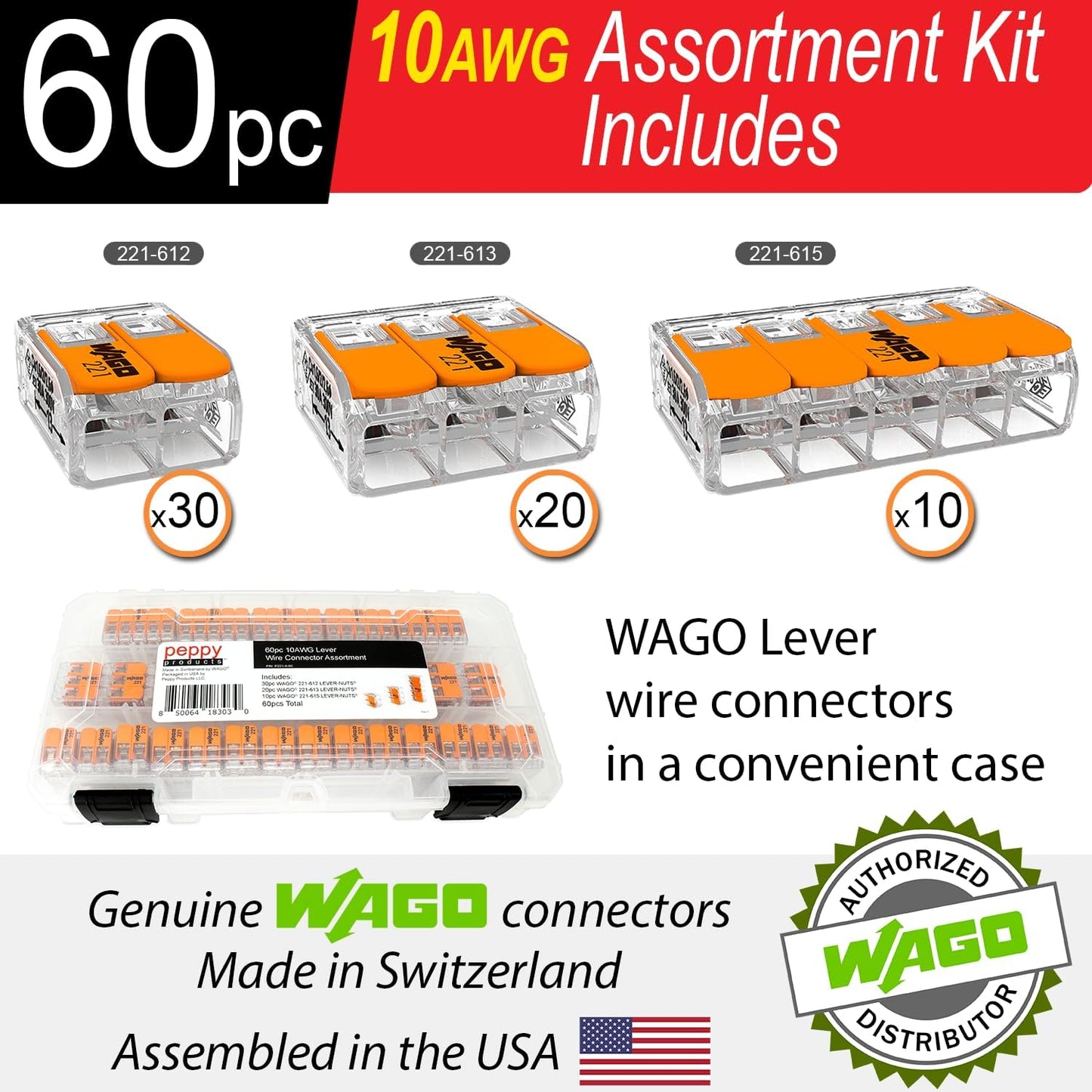 Kit 60 Pzas Tuercas Palanca WAGO 221-61x Conectores 10AWG