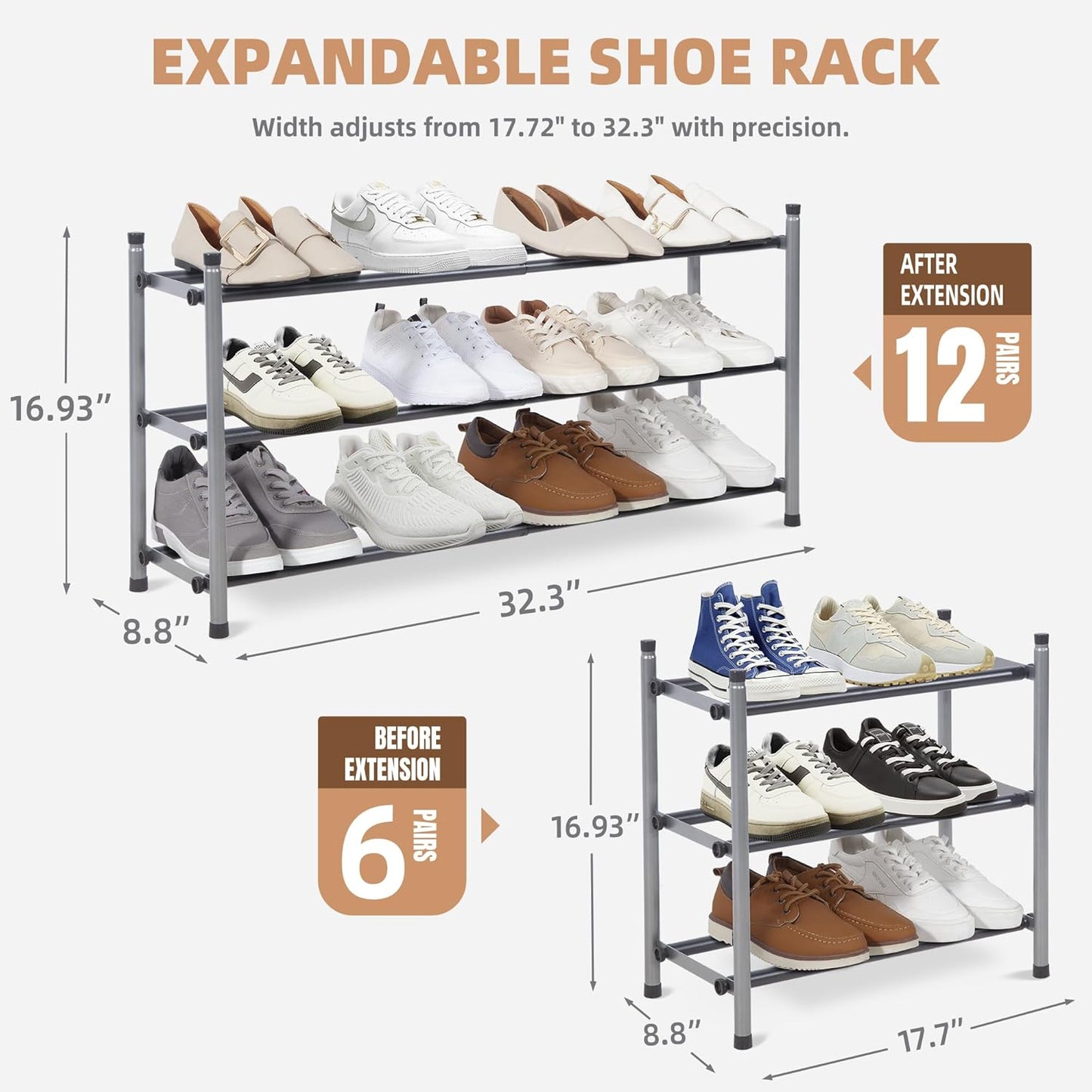Zapatero expandible 12 pares apilable metal negro 3 niveles