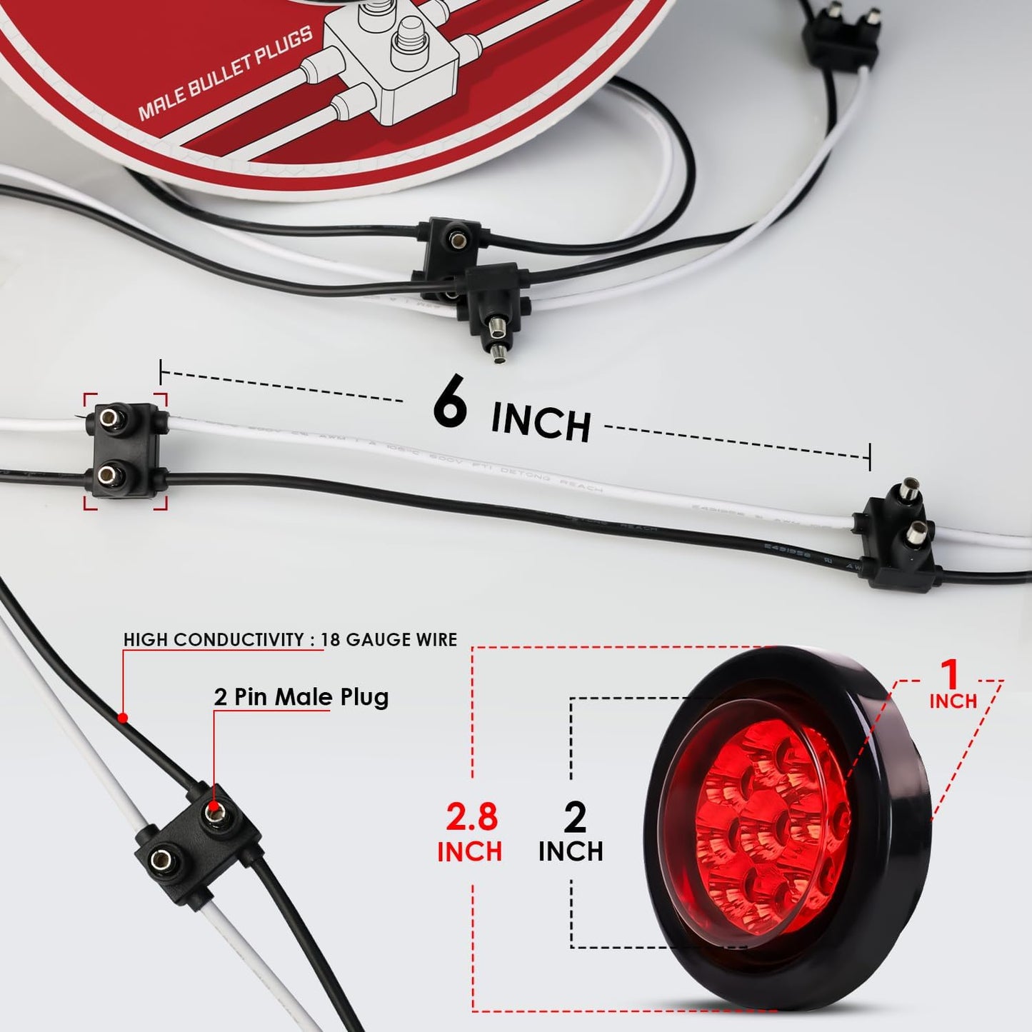 20 Luces LED Rojas 2pulg con Reflectores Set