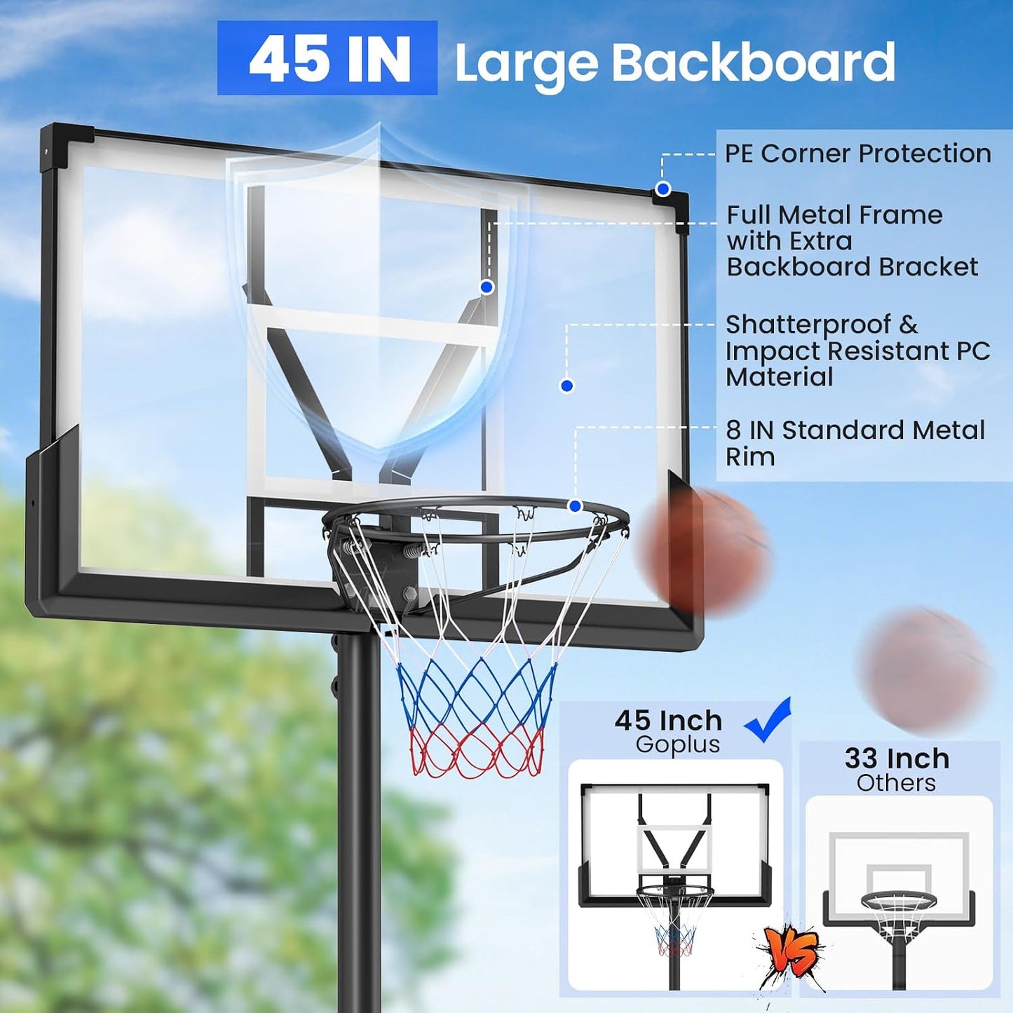 Aro baloncesto exterior ajustable 4.1-10ft tablero 45pulg