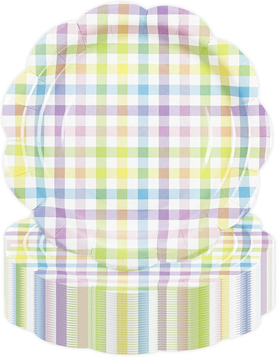 50 Platos Papel Festoneados 7pulg Cuadros Colores
