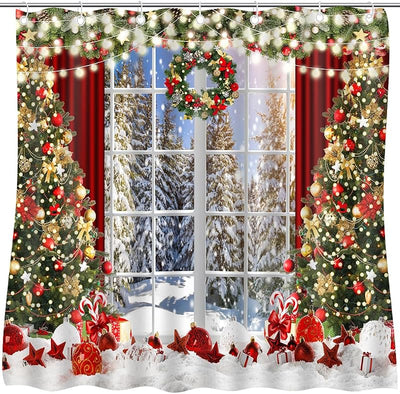 Cortina ducha Navidad con ventana resistente agua