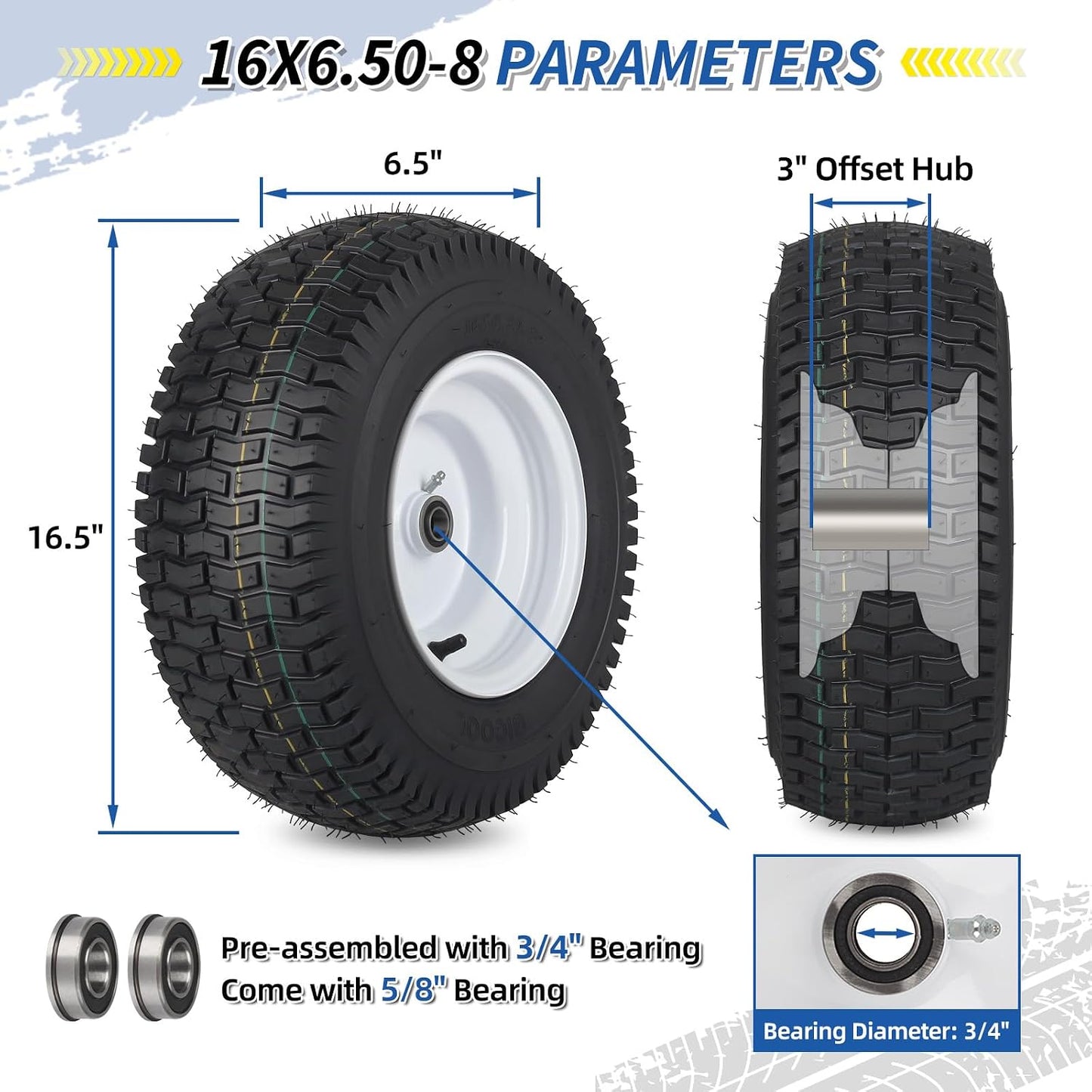 Neumático sin cámara 16x6.5-8 para cortacésped ajuste