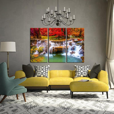 Lienzo decoración sala 3 Pzas pintura cascada verde moderna