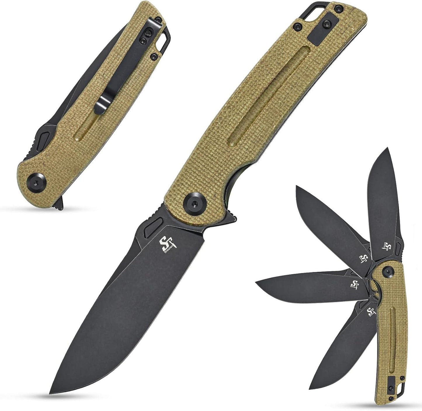 Cuchillo plegable hoja D2 mango micarta EDC senderismo verde