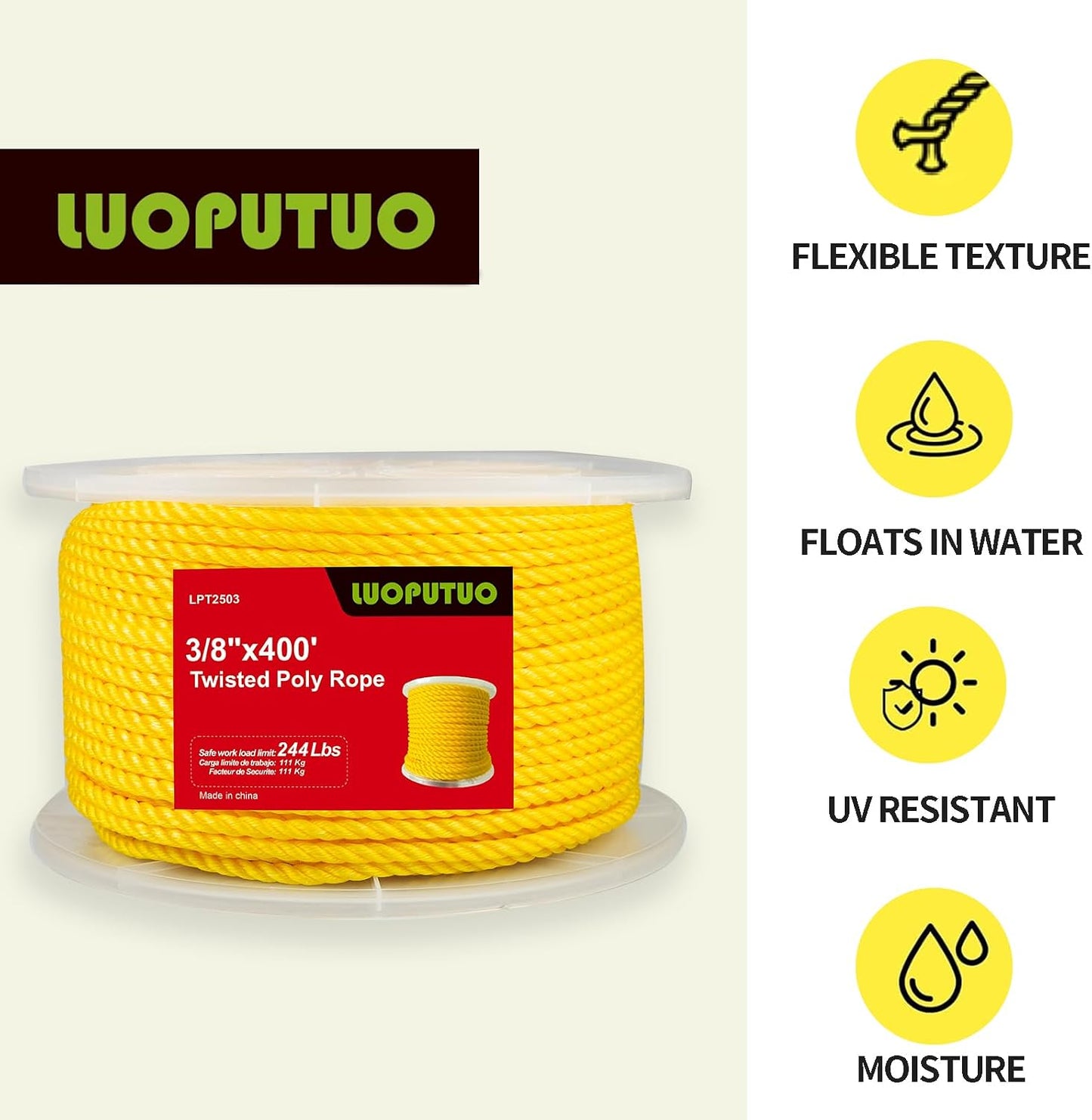 Cuerda trenzada amarilla 3/8pulg x400ft resistente aceite