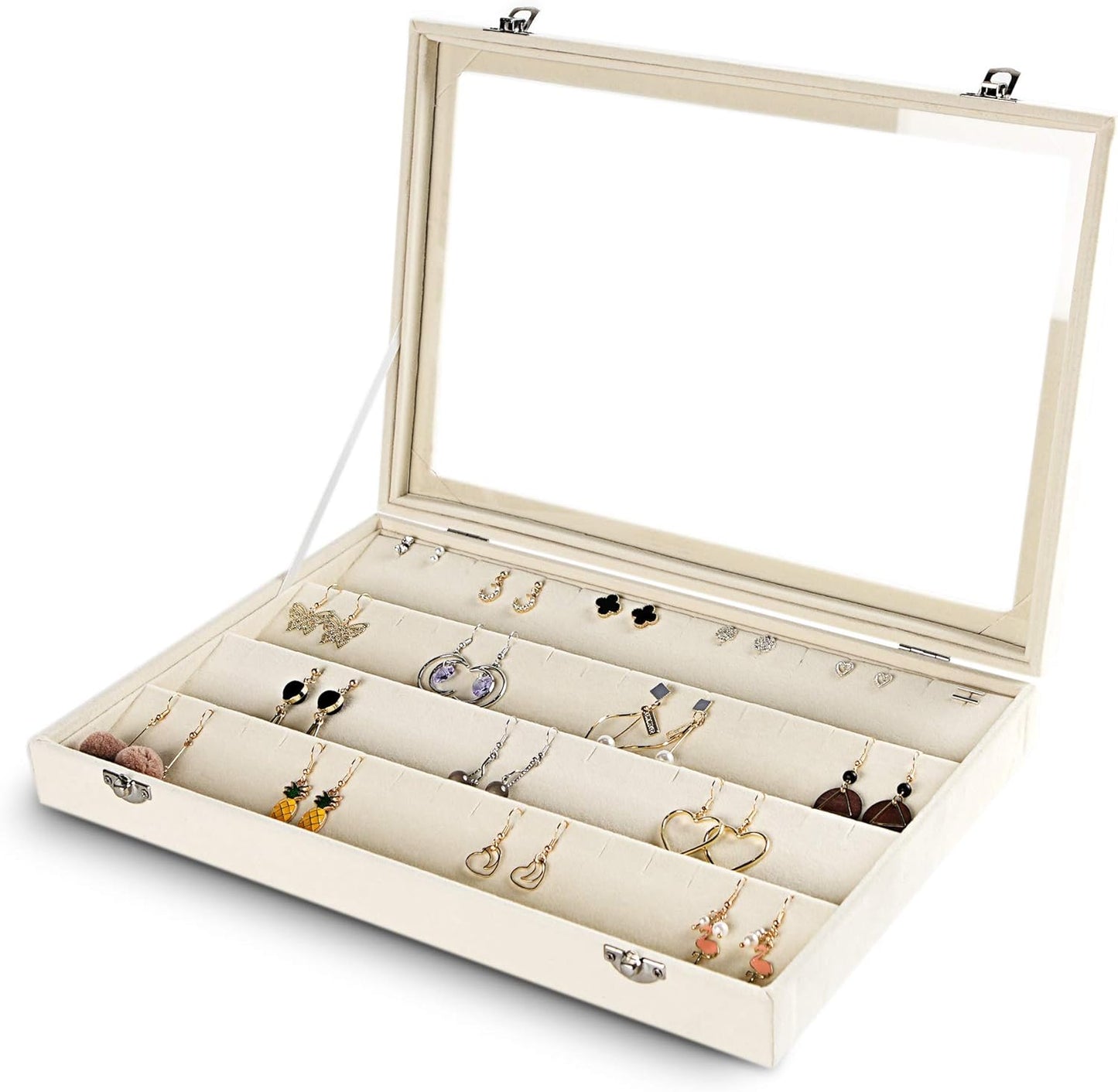 Organiz. joyas terciopelo con tapa vidrio ranuras