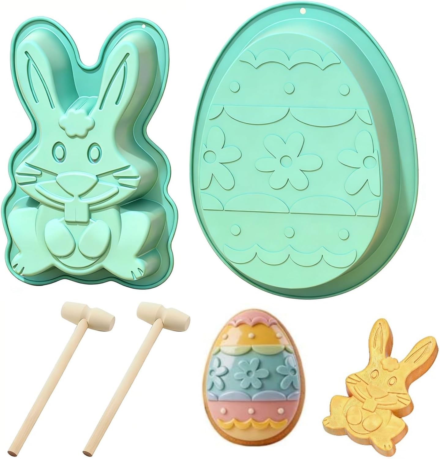 Moldes de silicona antiadherentes de Pascua para conejitos y huevos con martillos de madera
