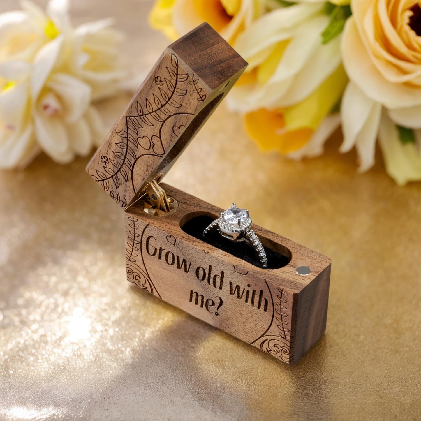 Caja anillo compromiso madera plana envejece conmigo