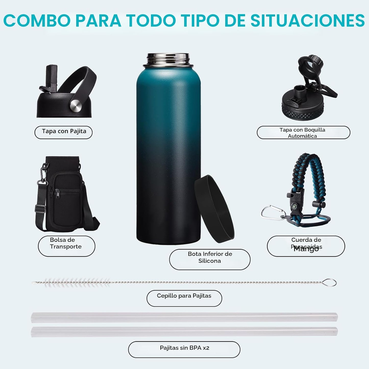 Botella agua aislada 32/40/64oz 48h frío 24h caliente tapas