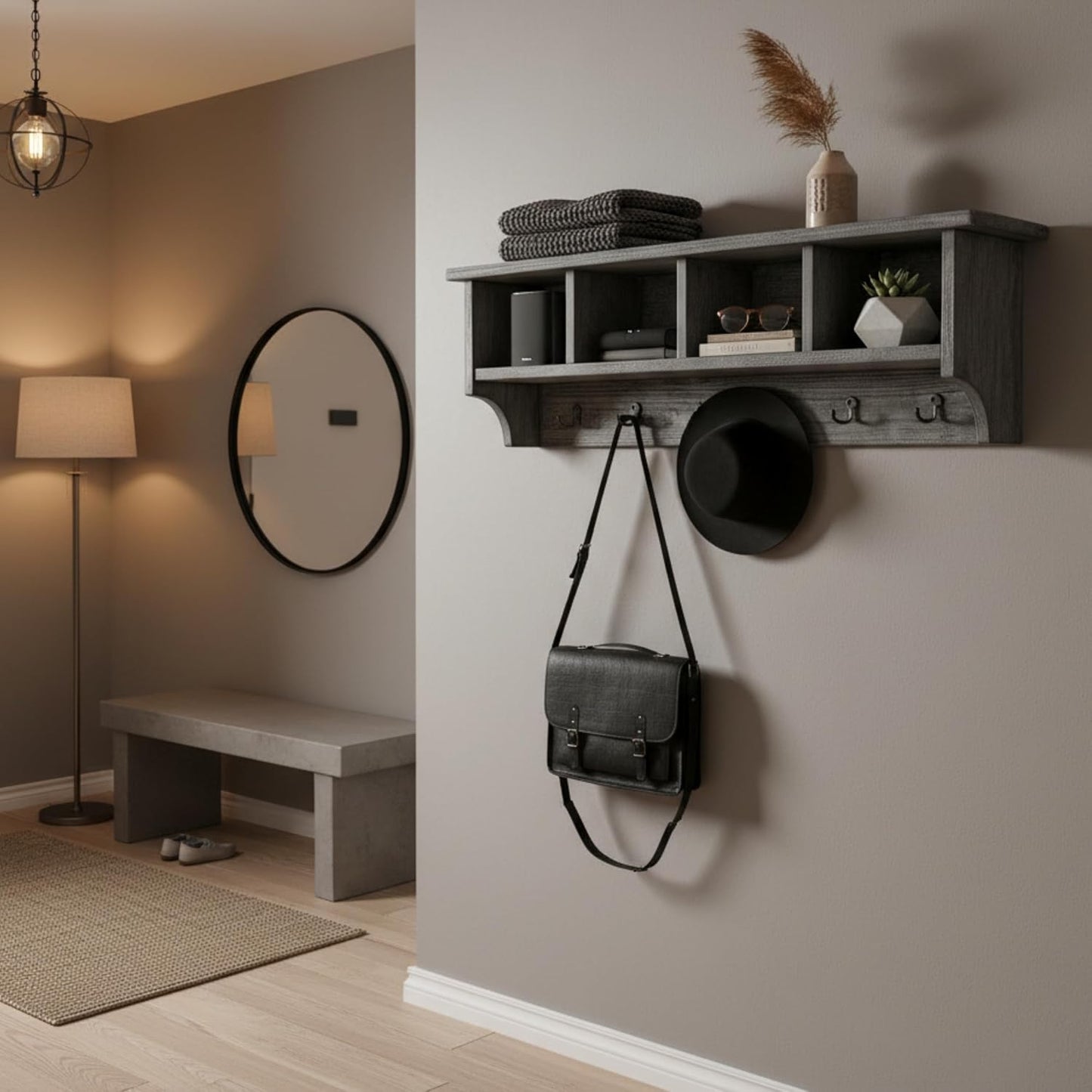 Gancho metal madera recuperada 48pulg con cubos gris pizarra