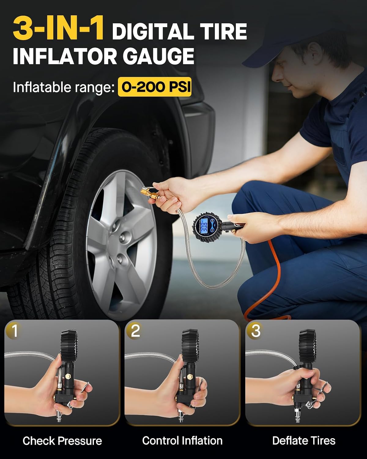 Inflador neumáticos digital con medidor 200 PSI dial 2"