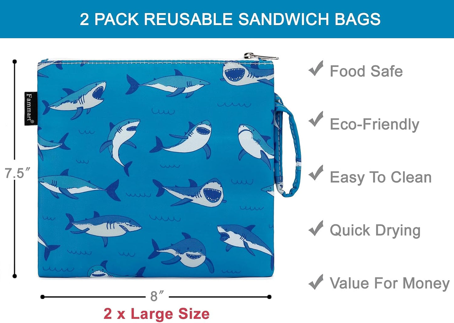 Bolsa sándwich doble capa reutiliz. tiburón pack 2