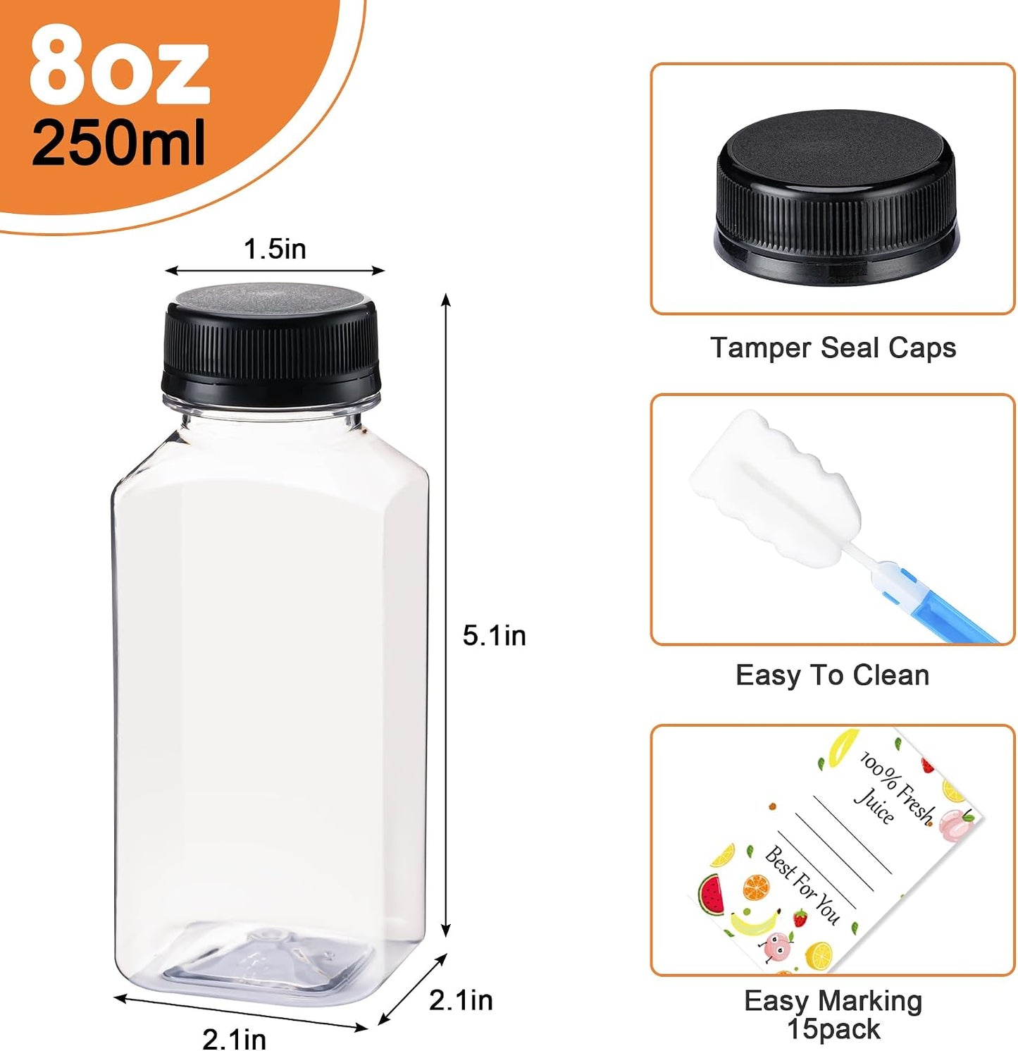 15 Botellas Plástico con Tapas y Cepillo Reutilizables