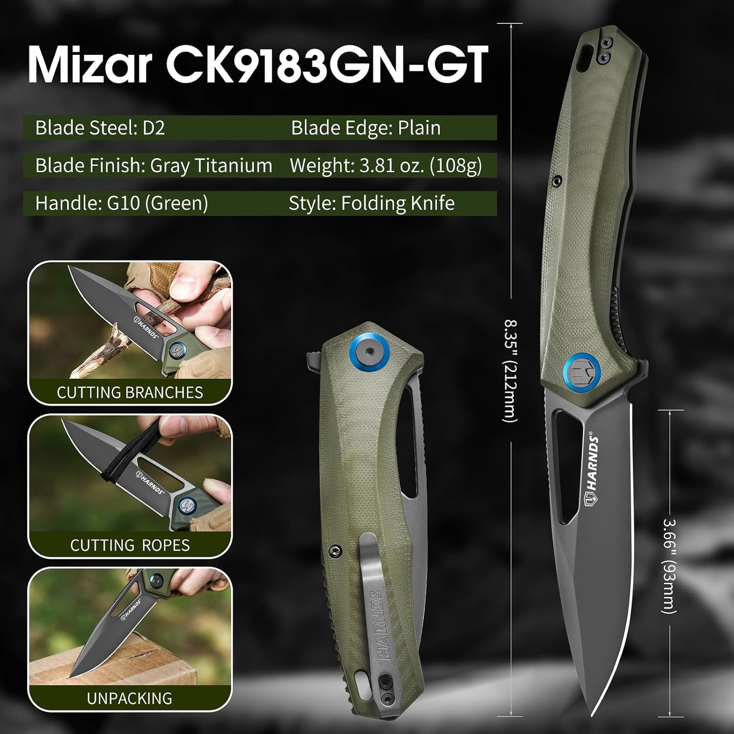 Cuchillo plegable acero D2 3.66pulg con clip G10 EDC