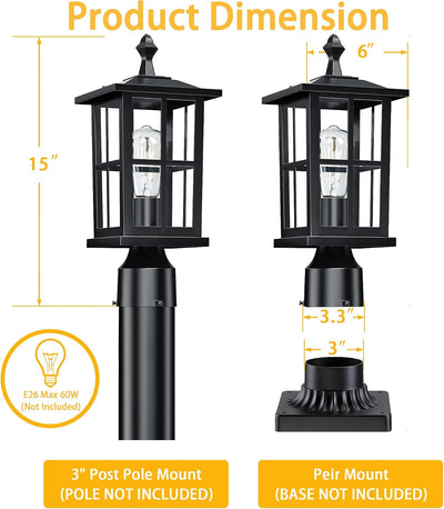2 Luces poste exterior negras impermeables 120v 15pulg