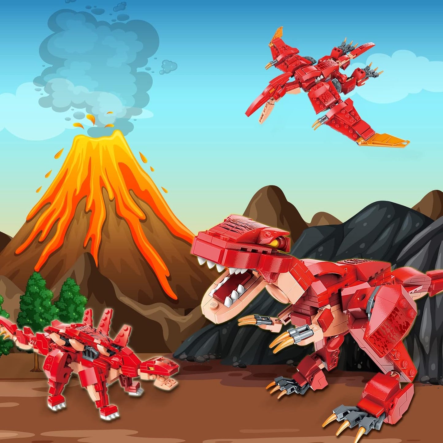Kit dinosaurios 3en1 287pzas educativo niños 6-10 rojo