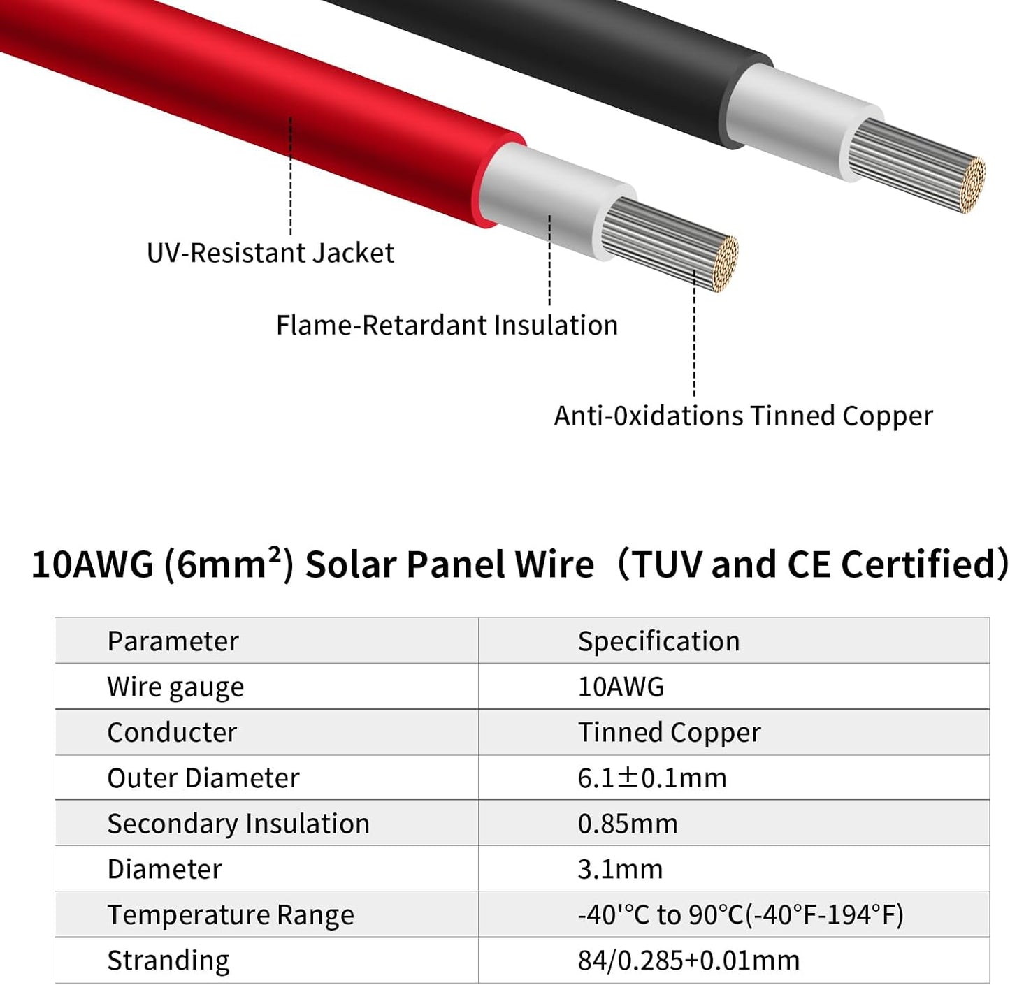 Cable extensión solar 10 AWG 6mm² 30cm negro rojo resistente