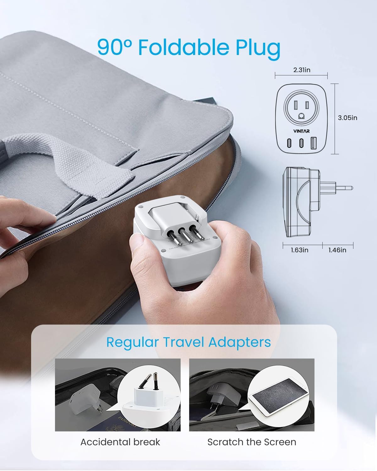 Adaptador enchufe viaje Italia 2 tomas AC 2 USB C plegable