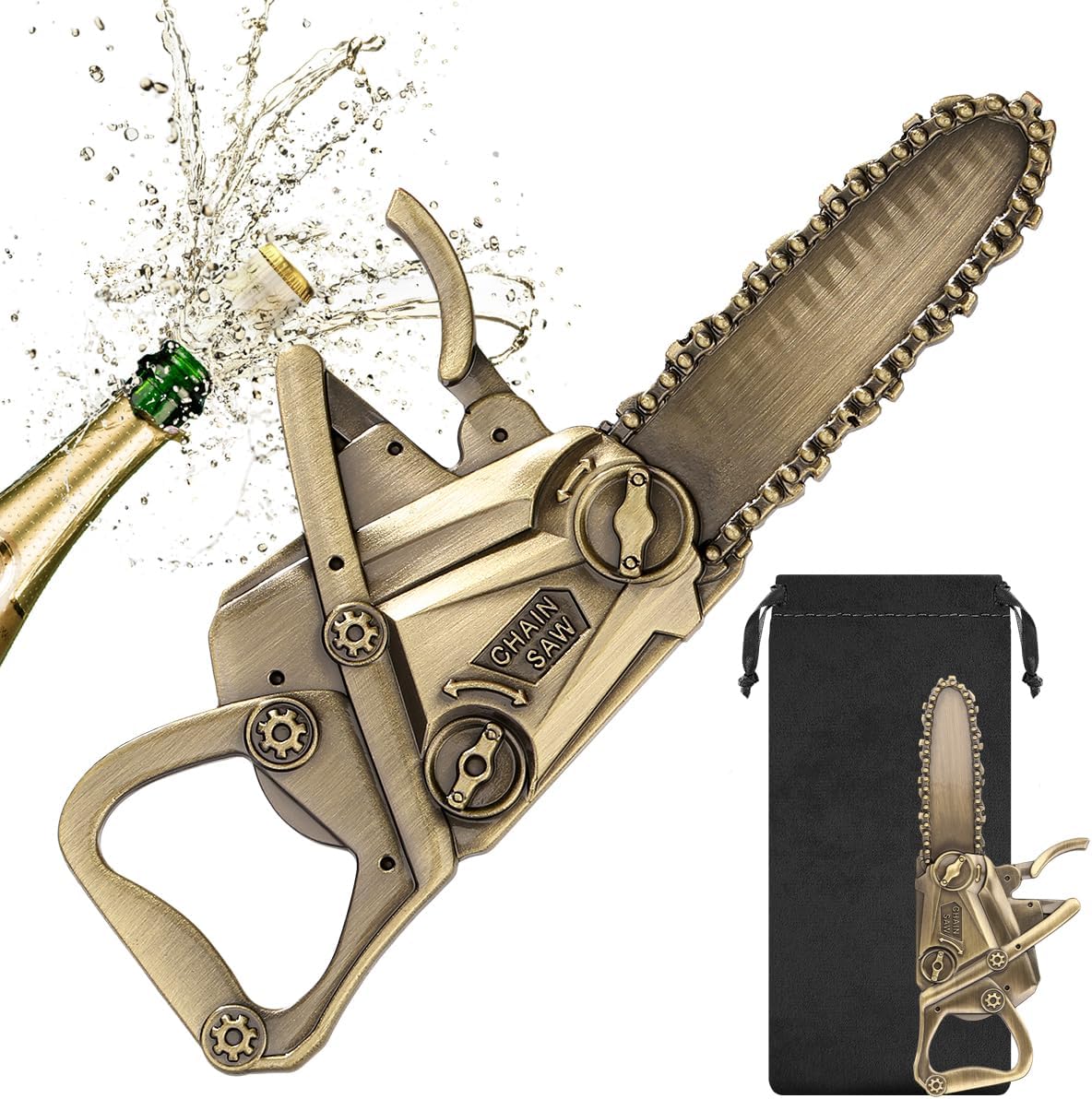 Abrebotellas de motosierra bronce con bolsa de regalo