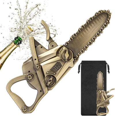 Abrebotellas de motosierra bronce con bolsa de regalo