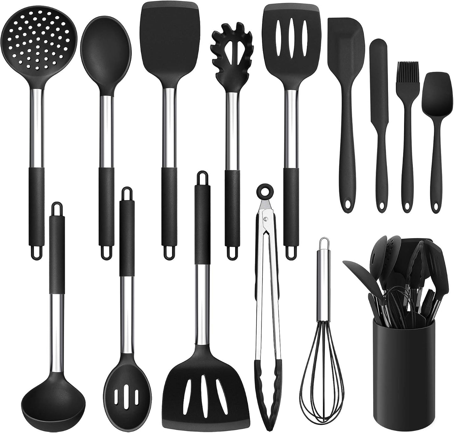 Set 15 Pzas Utensilios Cocina Silicona Mango Acero Inox