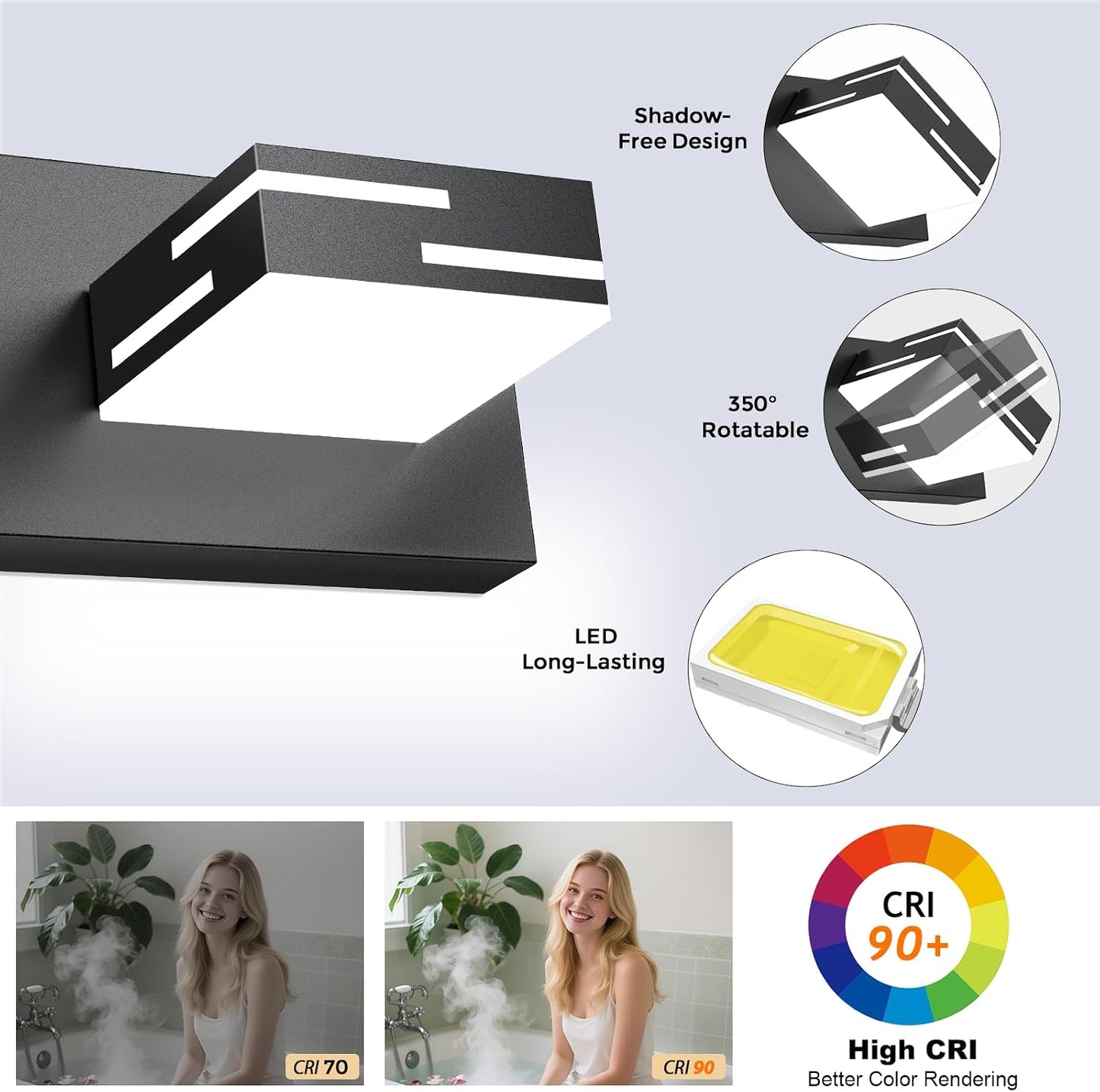 Lámpara Led Tocador Baño 30pulg 4 Luces Negro Mate Giratorio