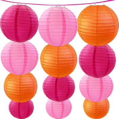 12 Faroles papel rosa intenso naranja colgantes fiesta boda