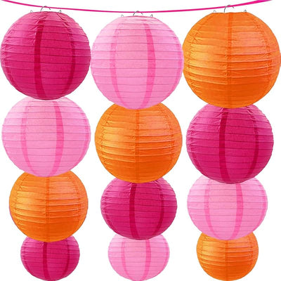 12 Faroles papel rosa intenso naranja colgantes fiesta boda