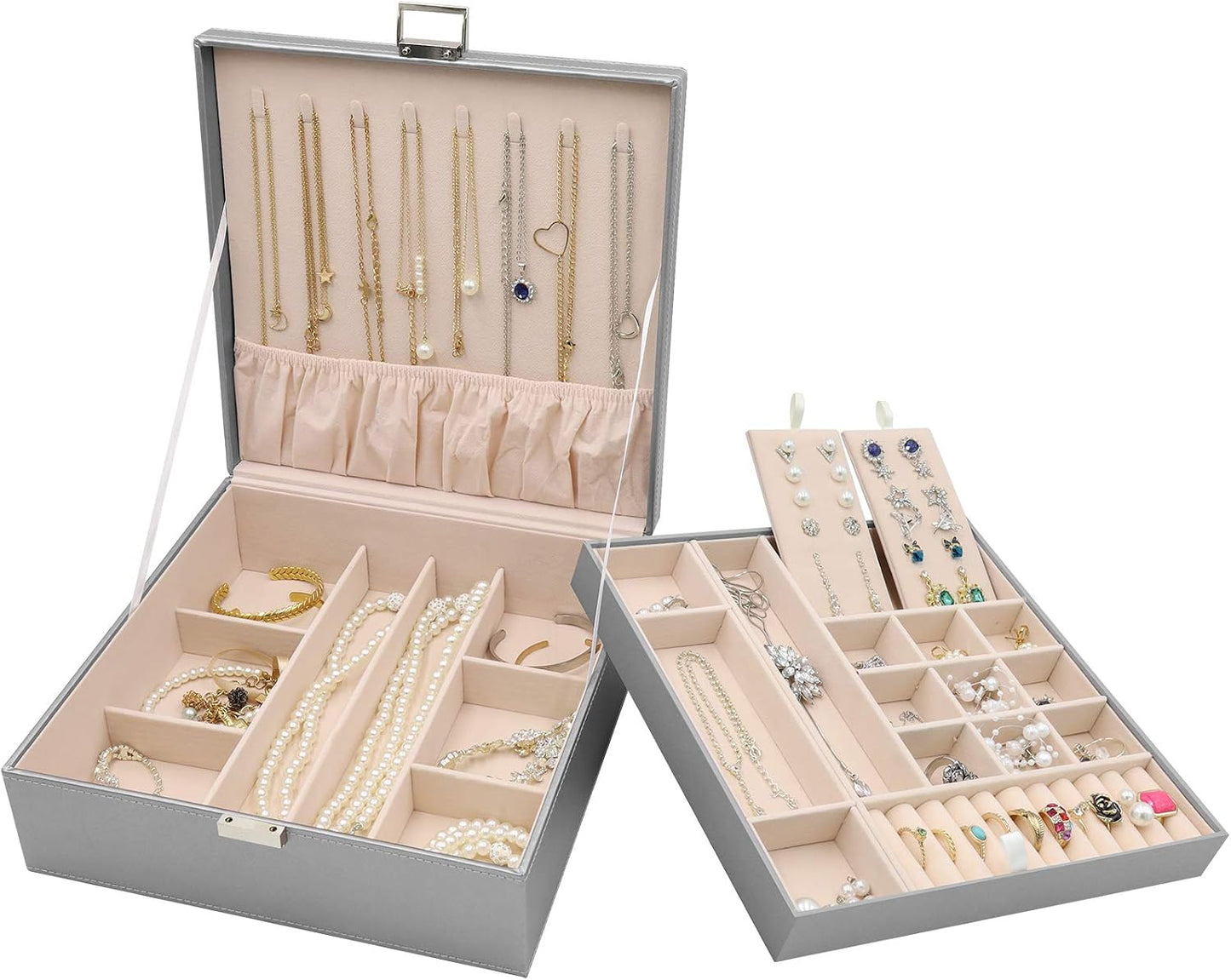 Estuche cuero joyas 2 capas con almohadilla remov. gris