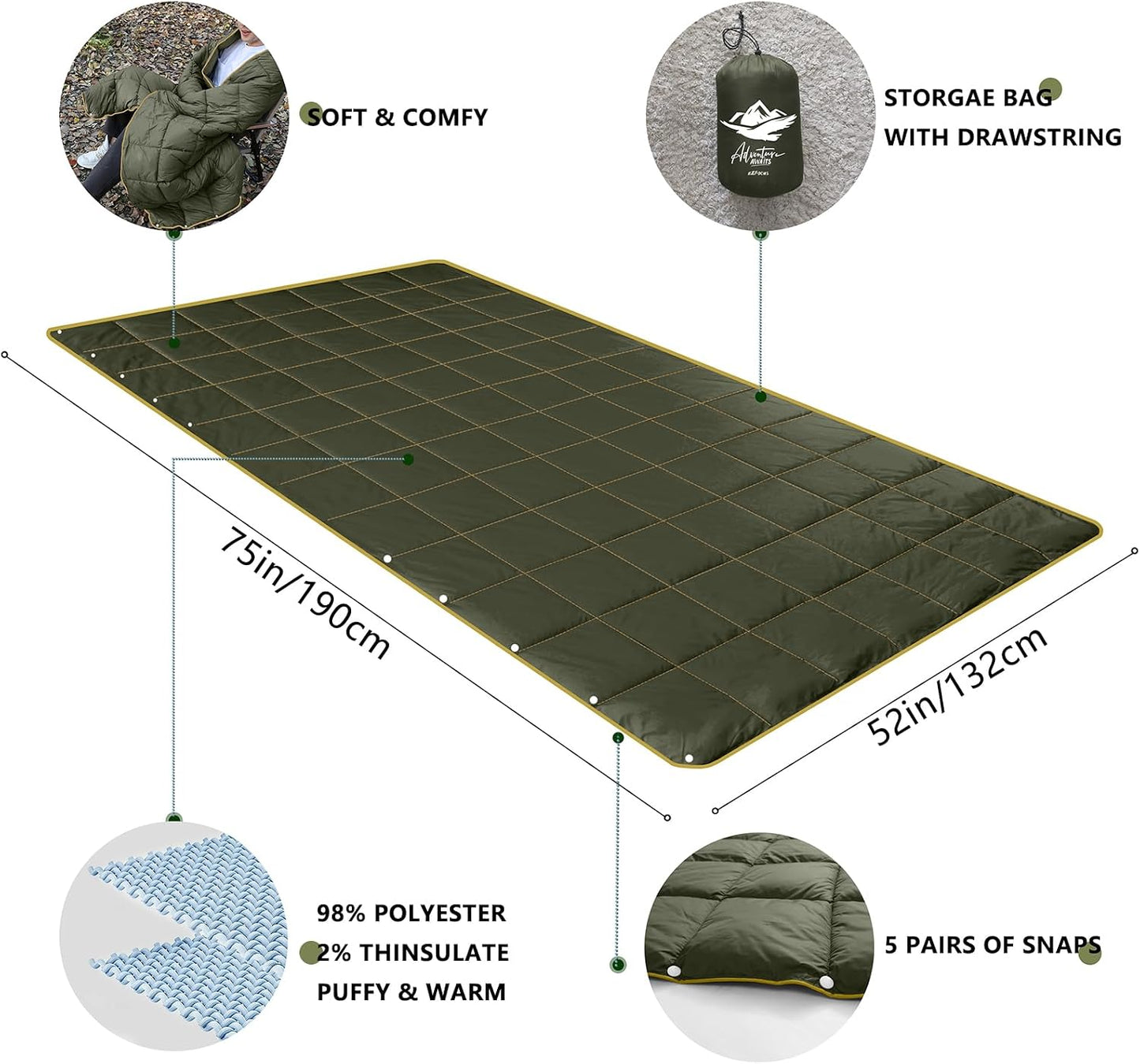 Manta acolchada plegable impermeable para camping y viajes