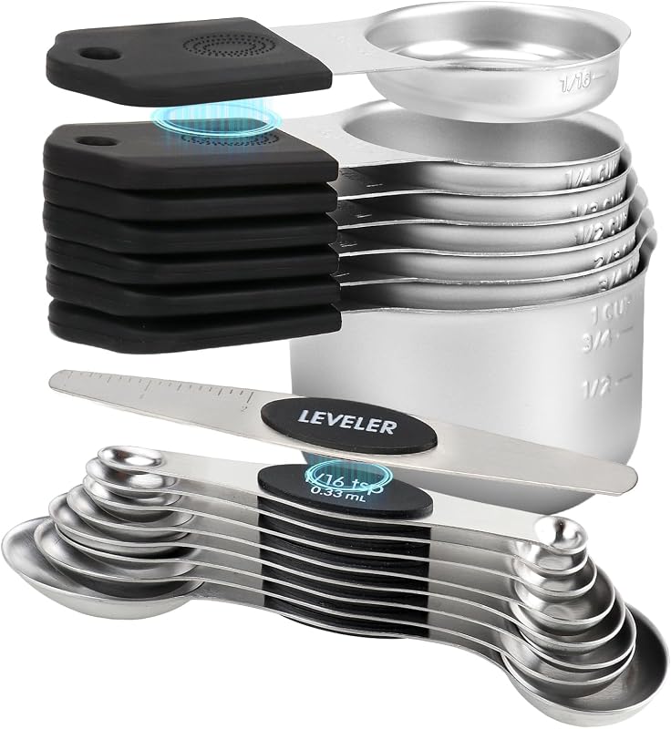 Set 16 Pzas Tazas y Cucharas Acero Inox con Nivelador