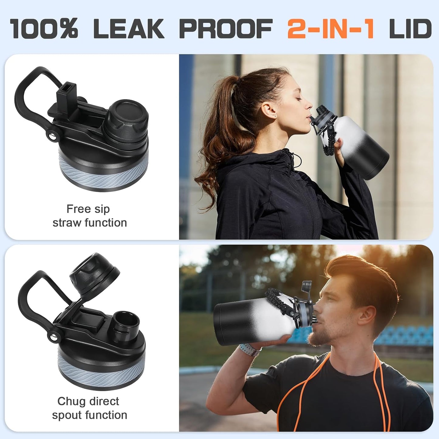 Botella agua aislada acero inox 64oz sin BPA con popote