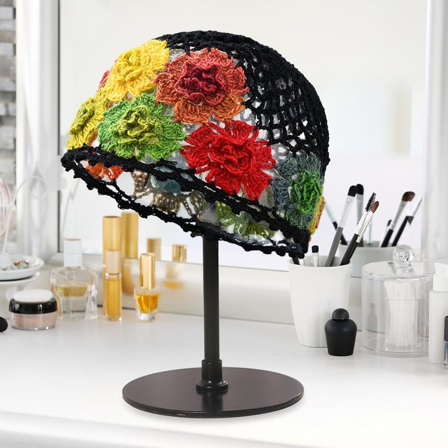 Gorro ganchillo flores elegante para compras al aire libre