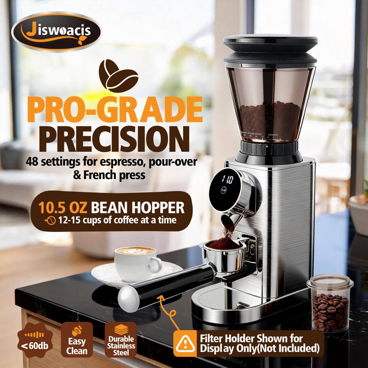 Molinillo café eléctrico cónico 48 ajustes acero inox plateado