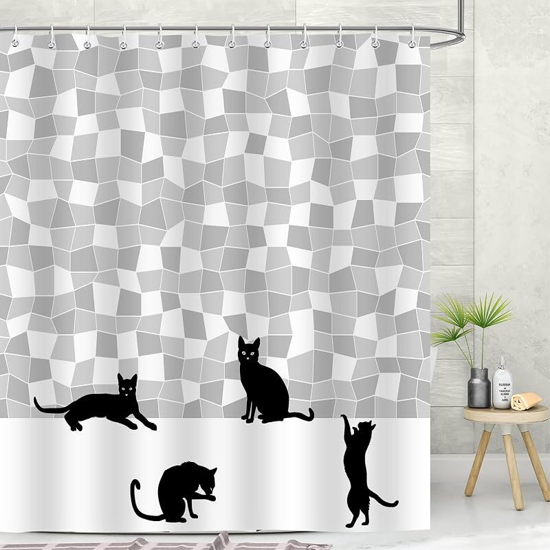 Cortina ducha con gato negro gris blanco 72x72pulg poliéster