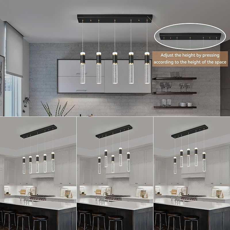 Luces colgantes isla cocina LED 5 luces oro negro cristal