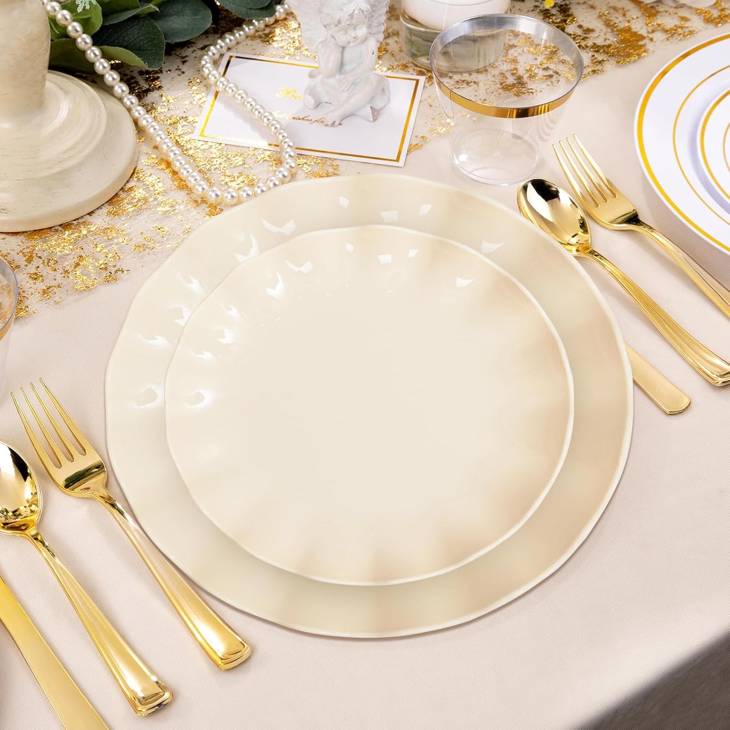 50 Pzas Platos Plástico Beige Reutilizables