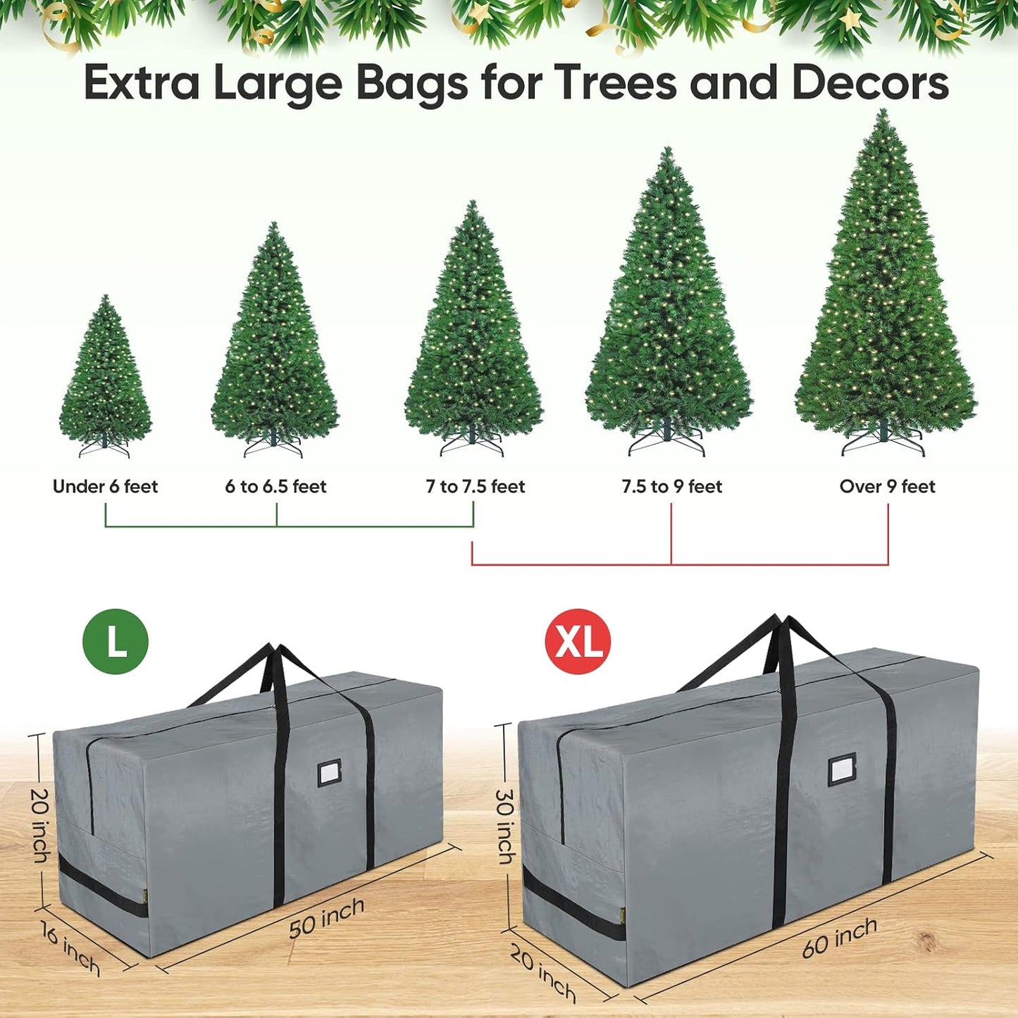 Bolsa árbol Navidad 9ft resistente cremalleras dobles gris