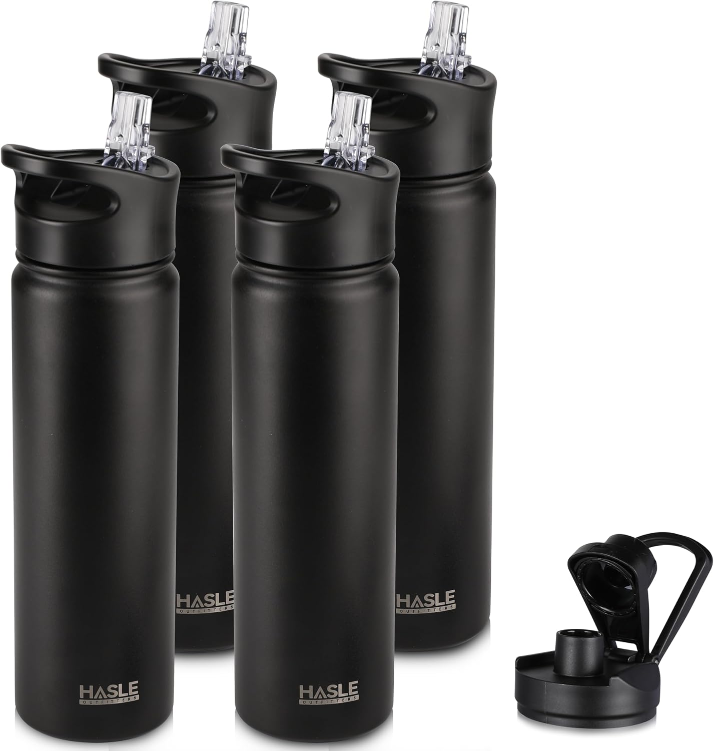 Botella agua acero inox 22oz aislada vacío 2 tapas negro