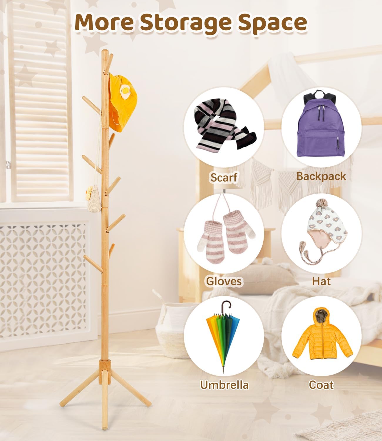 Perchero madera haya 9 ganchos ajustable para niños