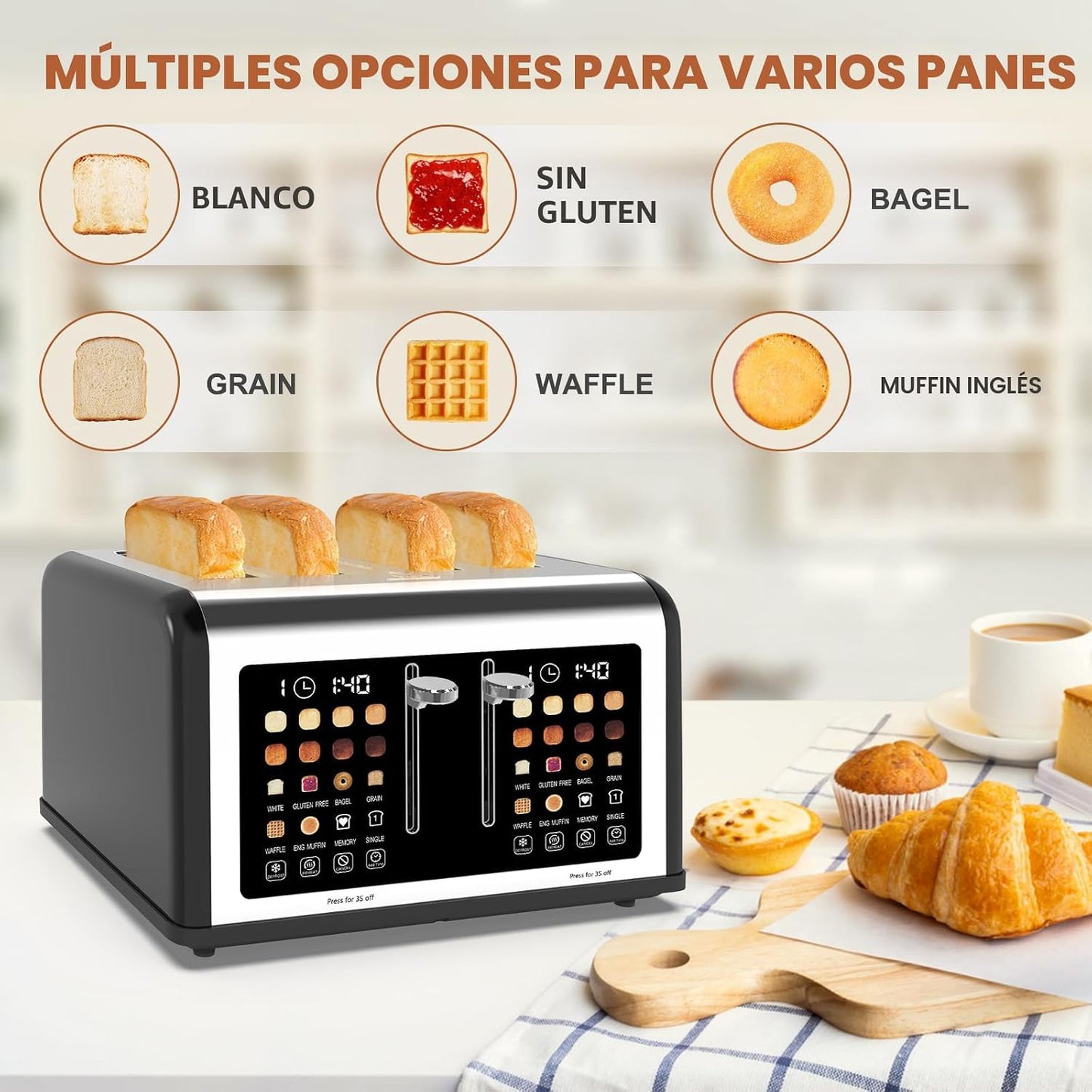 Tostadora 4 rebanadas acero inox 8 configuraciones
