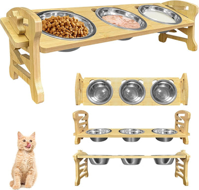 Cuencos elevados para gatos 15° set 3 acero inox soporte bambú