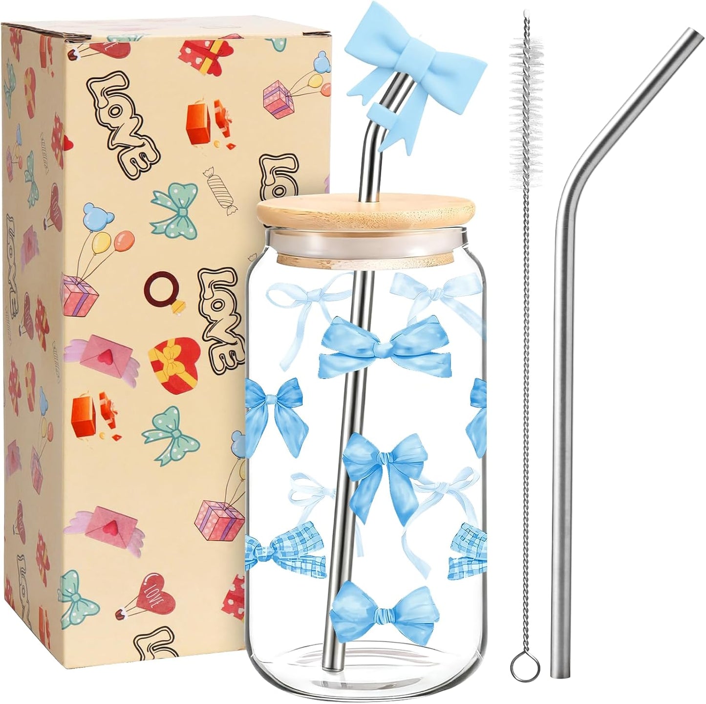 Tazas vidrio lazo azul con tapas pajitas diseño femenino